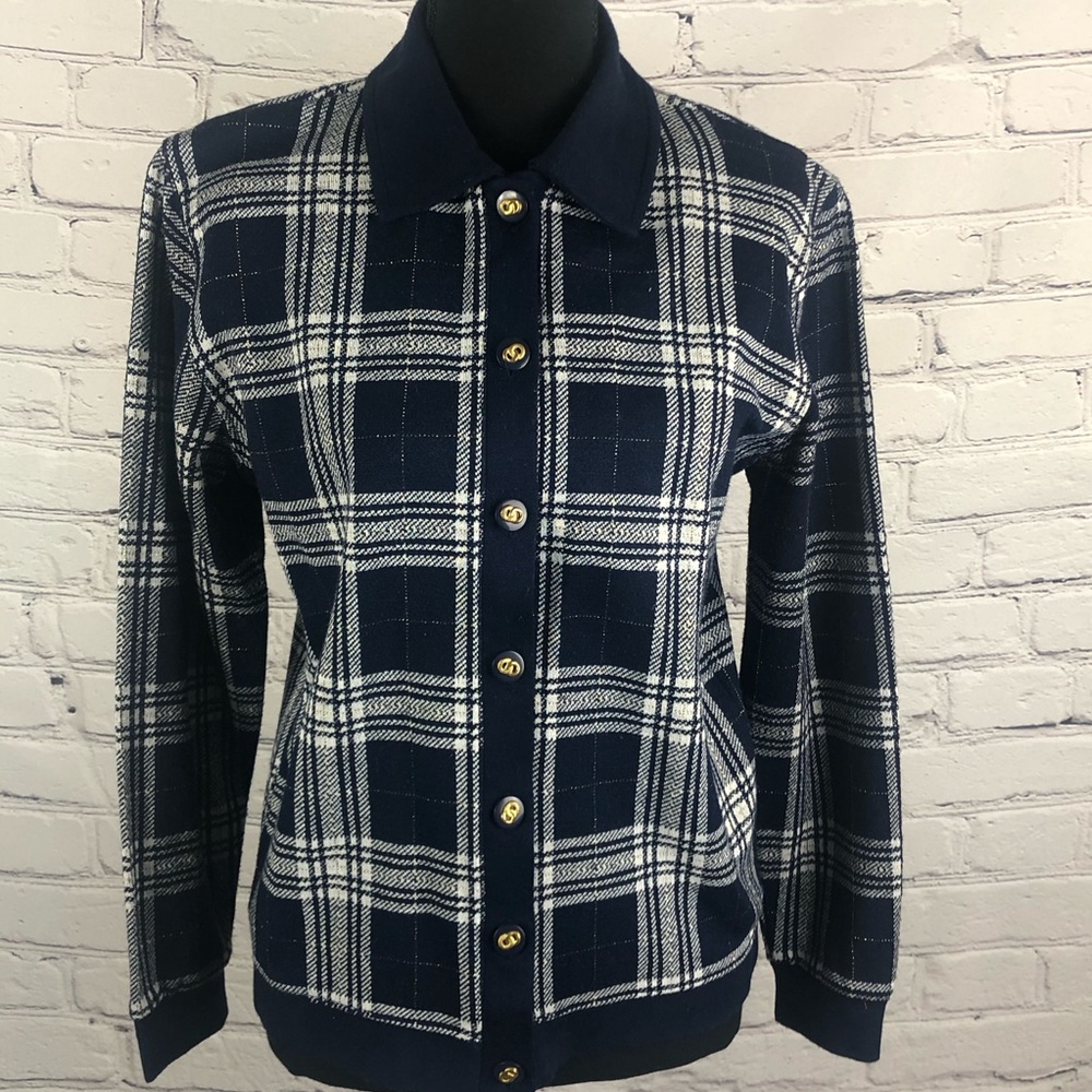 Ecco Petites: Pinstripes Cardigan: Color: Navy Blue/ White with Gold . Size:(S)